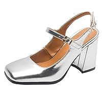 Womens Slingback Chunky Heels Square toe Pump Shoes Block Heel Summer Sandals High heel Party Shoes