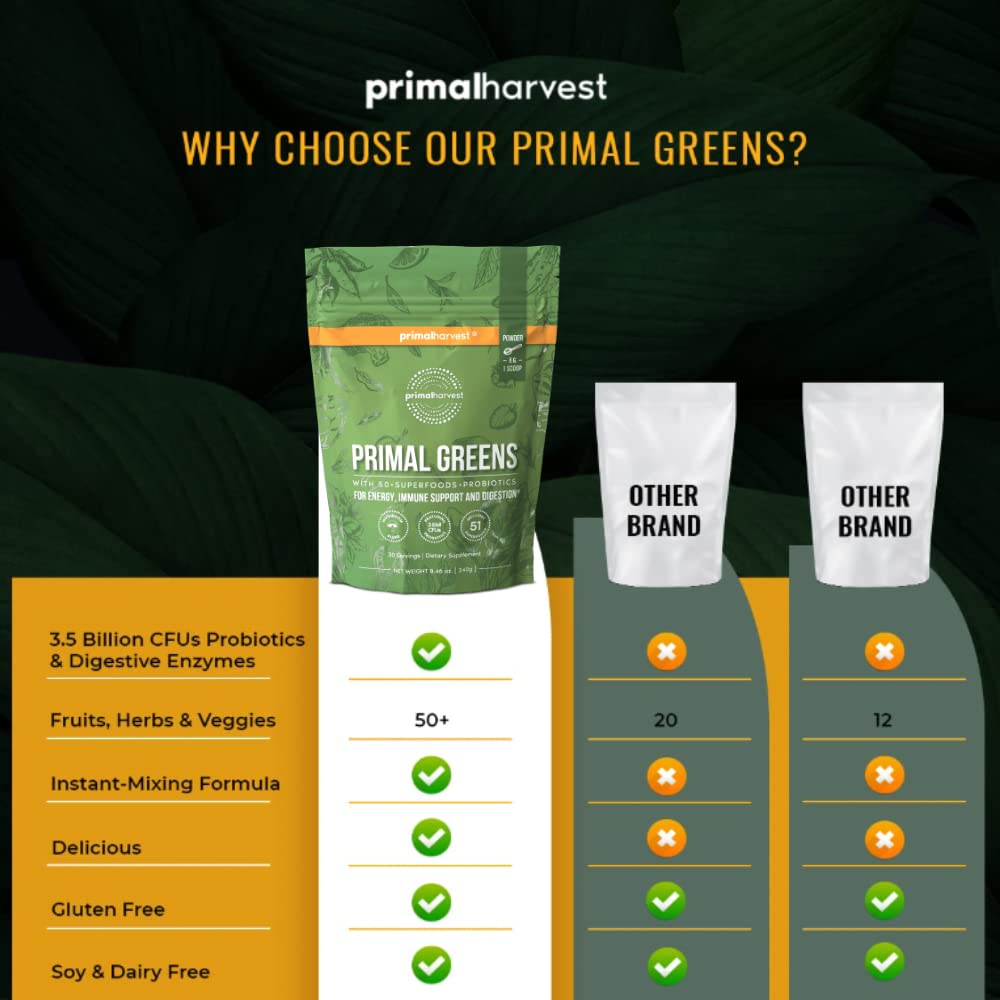 Super Greens Powder by Primal Harvest, 30 servings w/+50 Greens Superfood Chlorella, Probiotics, Green Tea, Wheatgrass, Kale, Turmeric, Green Superfood Powder for Energy - Primal Greens Green Powder