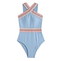 Women's One Piece Swimsuit Ribbed Textured High Cut Bodysuit Bathing Suits Color Block Backless Swimwear Monokini