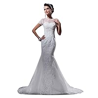 Ivory Lace Appliques Organza Mermaid Wedding Dresses With Cap Sleeves