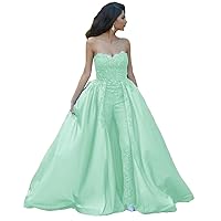 Women's Jumpsuit Lace Prom Dresses Strapless Applique Beaded Formal Party Evening Gowns with Over Skirts