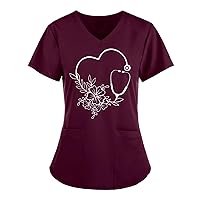 Womens Scrub Tops Fashion Floral Love Printed Work Uniform T-Shirt V Neck Short Sleeve Nurse Tunic Blouse with Pockets