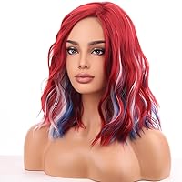 Red White Blue Mixed Short Bob Wig Short Curly Wavy Hair Wig for Women Side Part Wig Colorful Wig Heat Resistant Synthetic Hair Wigs for Daily Use Cosplay Wig With Wig Cap