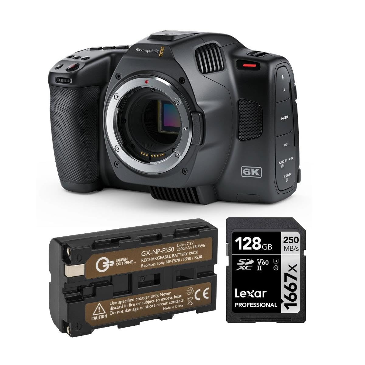 Blackmagic Design Pocket Cinema Camera 6K Pro Bundle with 128GB SDXC Memory Card, Green Extreme Rechargeable Lithium-Ion Battery Pack