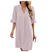 Women's Summer Casual Dress V Neck Short Sleeve Tshirt Dress Solid Loose Fit Sundress Fashion Beach Vacation Dresses