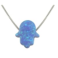 Light Blue Created Opal Hamsa Hand Pendant Necklace with Sterling Silver Chain
