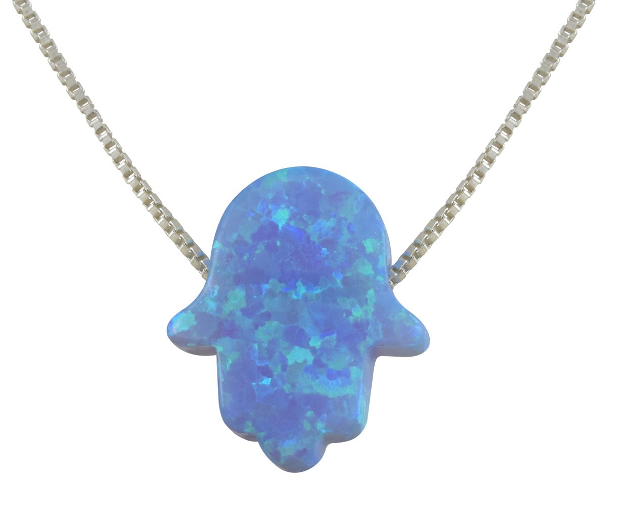 aJudaica Light Blue Created Opal Hamsa Hand Pendant Necklace with Sterling Silver Chain