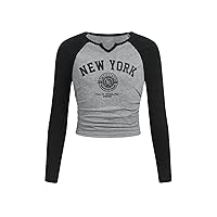 SOLY HUX Girl's Color Block Letter Graphic Tees Notched Neck Long Sleeve Ruched T Shirt Crop Tops