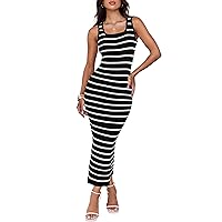 ZESICA Women's Summer Striped Bodycon Midi Dresses 2024 Casual Sleeveless Scoop Neck Ribbed Knit Beach Vacation Long Dress