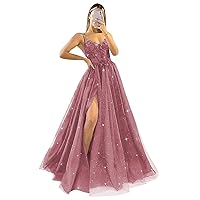 Glitter Tulle Prom Dresses A Line with Slit for Women, Spaghetti Formal Evening Ball Gown Wedding Dress