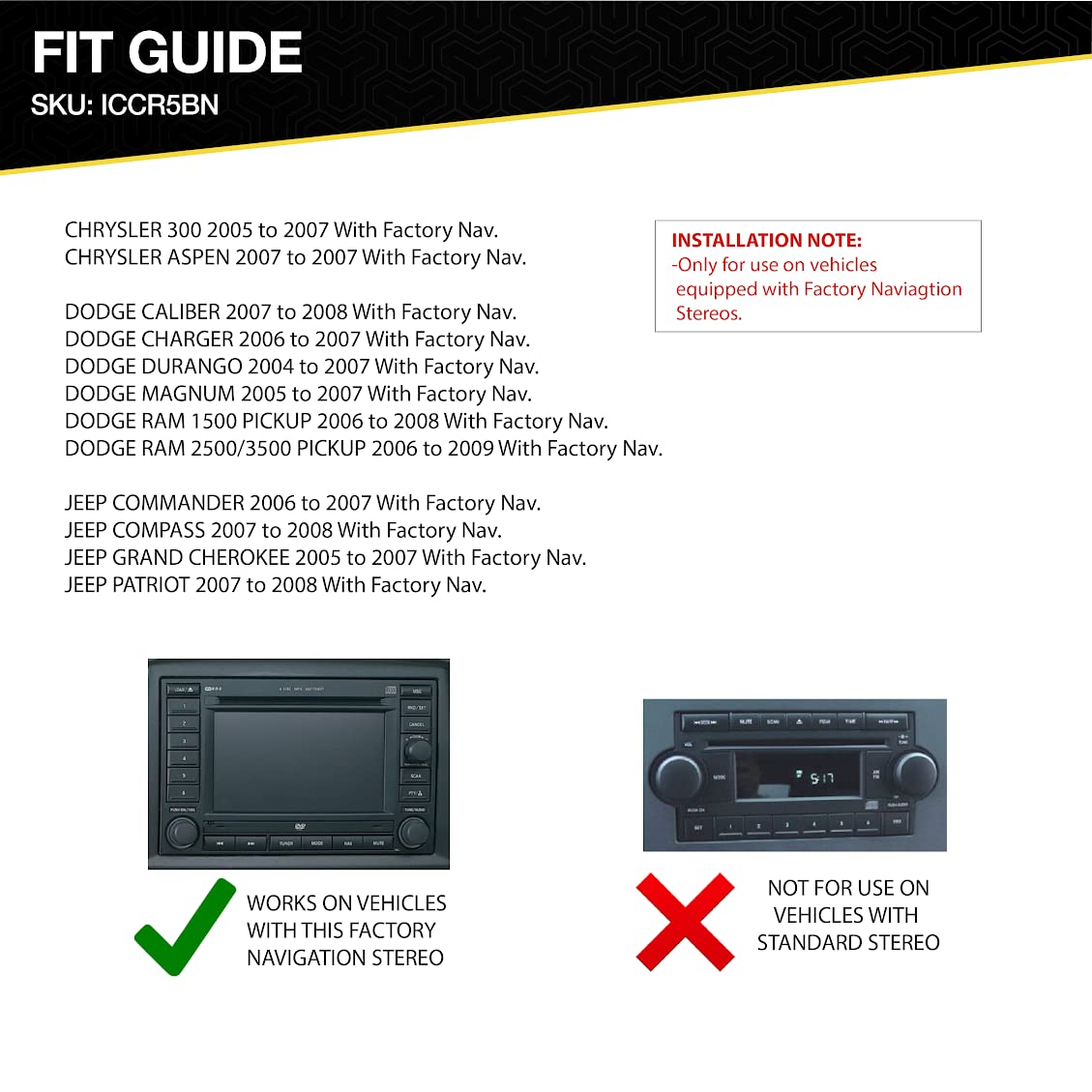 SCOSCHE Install Centric ICCR5BN Complete Basic Installation Solution for Installing an Aftermarket Stereo Compatible with Select 2004-09 Chrysler, Dodge & Jeep Vehicles with Navigation Black