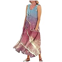 Summer Dresses for Women 2024 Casual Fashion Printed Sleeveless Round Neck Dress with Pocket
