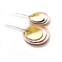 Mixed Metal Copper, Brass & Sterling Silver Earrings, Small Organic Recycled Metal Hammered Dangle Earrings, Tri Tone Petite Circle Round Minimalist Boho Jewelry