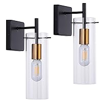 Set of Two Black Gold Wall Sconces, Modern Metal Sconces with Clear Glass Wall Lighting, Wall Mount Vintage Vanity Light Fixture for Bathroom Bedroom Hallway Livingroom Entry, 2-Pack