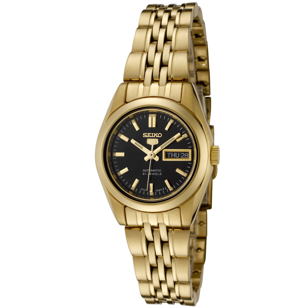 SEIKO Women's SYMA40K 5 Automatic Black Dial Gold-Tone Stainless Steel Watch