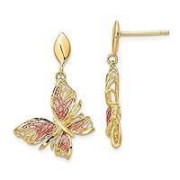 14k Gold Polished Sparkle Cut Pink Enamel Butterfly Angel Wings Post Long Drop Dangle Earrings Measures 28x18.5mm Wide Jewelry for Women