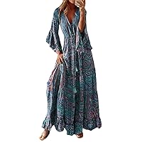 Women Bohemian Beach Maxi Dress Casual V-Neck Long Sleeve Dresses Vintage Floral Print