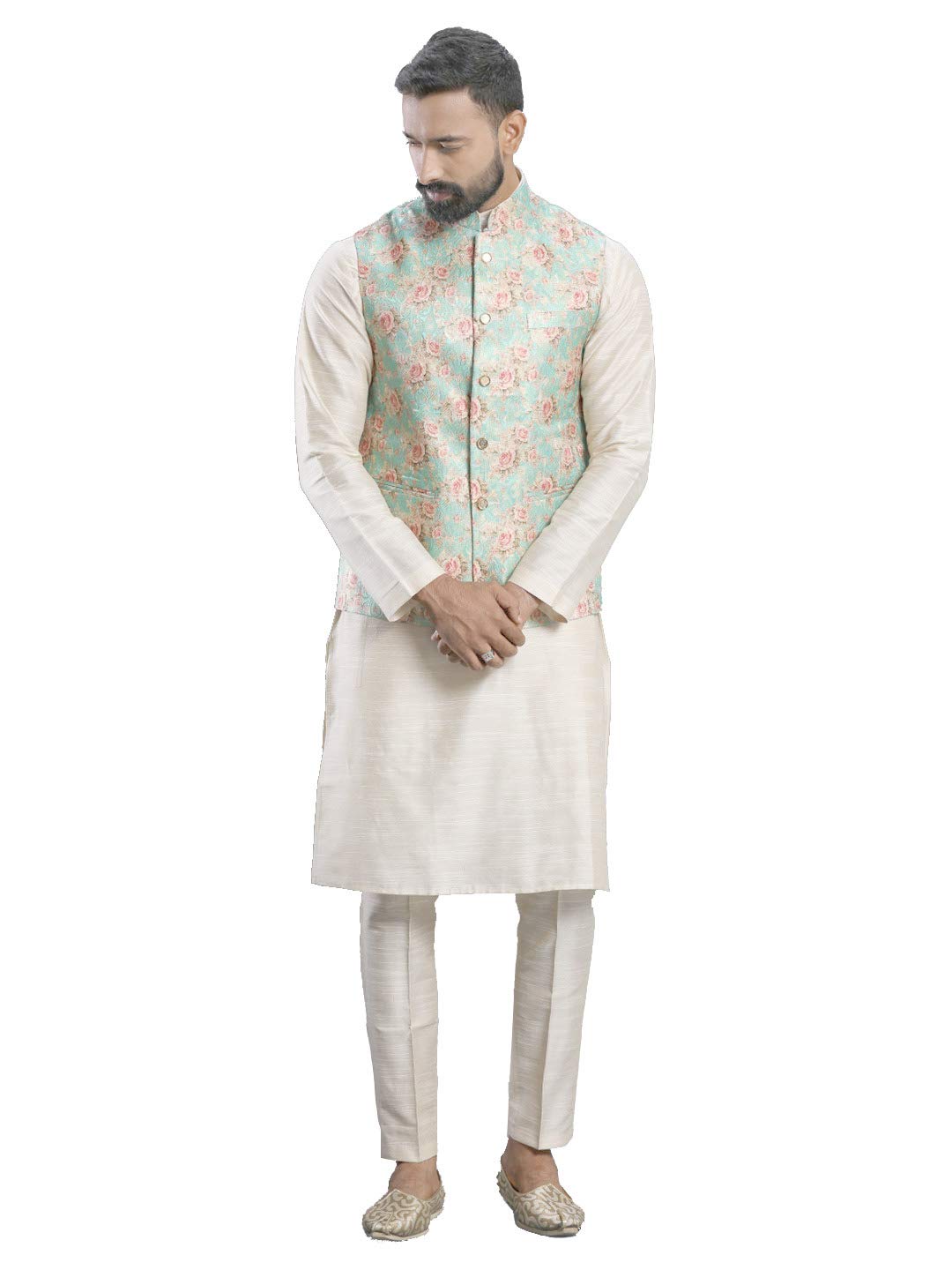 Elina fashion Men's Indian Cotton Kurta Pajama And Printed Nehru Jacket (Waistcoat) Indian Wedding Ethnic Diwali Puja Set