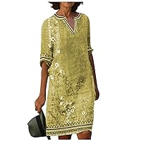 Sundresses for Women 2024 Cotton Linen V Neck Tunic Dress Half Sleeve Vintage Floral Printed Casual Summer Dress