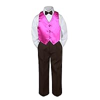 4pc Baby Toddler Boy Teen Classic Suit Brown Pants Shirt Vest Bow tie Set SM-4T
