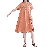 Women's Casual Loose Short Sleeves Embroidered Summer Midi Linen Dress