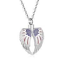 Angel Wings Feather Heart with American Flag Cremation Pendant Jewelry for Human Ashes Urn Holder Keepsake Jewellery