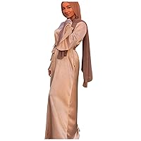 Satin Long Women's and Waist Dress Solid O-Neck Fashion Sleeve Soft Ankle Color Muslim Clothes Hijab (6-Brown, XXL)