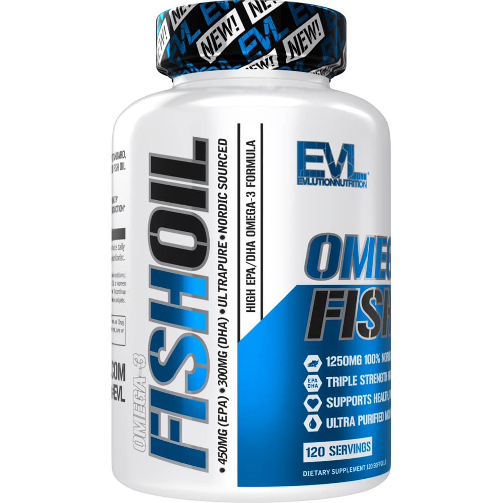 Evlution Triple Strength Omega 3 Fish Oil Nutrition Burpless Fish Oil EPA DHA Omega 3 Supplement in Easy to Swallow Citrus Flavor Softgels - 1250mg Enteric Coated Fish Oil Supplement - 120 Count