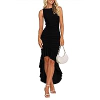ZESICA Women's 2024 Summer Ruched Bodycon Dress Sleeveless Backless Ruffle Mermaid Cocktail Wedding Party Dresses