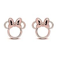 SwaraEcom Women's and Girls and Teens Mickey or Minnie Mouse 14K Gold Plated Sterling Silver Stud Earrings with Push Back
