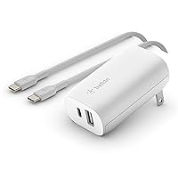 Belkin USB C Wall Charger 32W C to C Cable Included PD with 20W USB C & 12W USB A Ports for USB-C Power Delivery