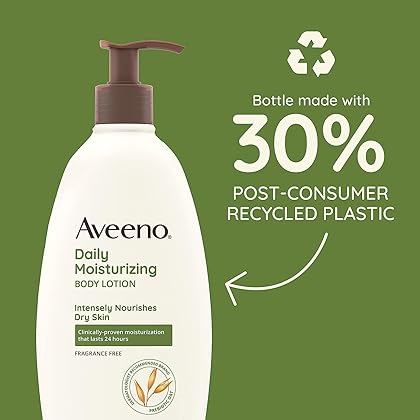 Aveeno Daily Moisturizer, Body Lotion, For Dry Skin, Prebiotic Oat Fragrance Free, 18 fl. oz, Pack of 1