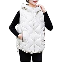 Women Drawstring Side Puffer Vest Sleeveless Lightweight Hooded Full Zip Jacket Stand Collar Down Vests with Pockets