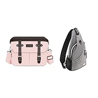 MOSISO Sling Backpac&Camera Case Crossbody Shoulder Messenger Bag, DSLR/SLR/Mirrorless Photography Vintage PU Leather Flap Gadget Bag with Rain Cover, Pink&Gray