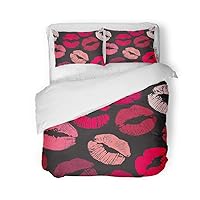 Duvet Cover Set Queen/Full Size Pink Gloss Joyful Lip Traces on Purple Matte Burgundy 3 Piece Microfiber Fabric Decor Bedding Sets for Bedroom