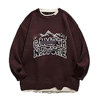 Winter Solid Color Fake Two-Piece Sweater Japanese Retro Chest Letter Jacquard Round Neck Sweater for Men