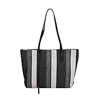Large Capacity Shoulder Bag Luxury Striped Handbag Canvas Women Shopping Tote Bag (Color : Black, Size : 34x14x29cm)
