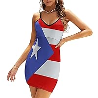 Puerto Rican Flag Women's Sling Dress Sexy V-Neck Dress Sleeveless Spaghetti Strap Mini Dress Bodycon Dresses