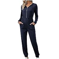 Women's casual Hoodies Jumpsuit Zipper Long Sleeve Elastic Waistband Pants One Piece Outfits Set Romper with Pockets