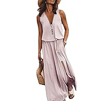 Women's Casual Sleeveless Print Long Maxi Dress Trendy Zip Up V Neck High Waist Solid Color Sundress with Side Slit