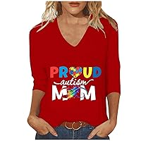 Proud Autism Mom Shirts Women Autism Mom Gifts Pullover Tops 3/4 Sleeve V Neck Autism Awareness Positive T-Shirts