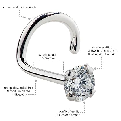 14K White Gold Diamond Nose Ring | USA Made Gold Nose Stud I1 Clarity - 20 Gauge Genuine Diamond Nose Stud for Women