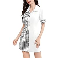 MARZXIN Regular Sleeve Dress Collar Women's Stripe Printed Slim Fit Shirt Dress Long Dress