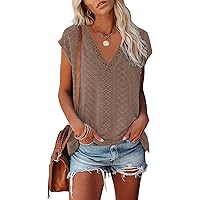 Women Summer Tops 2024 Trendy Cap Sleeve Tops Dressy Casual Cute Print Loose Fit Lace V Neck T-Shirt Blouse Tunic