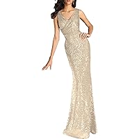 Mermaid Sequin V Neck Formal Dress for Evening Party Wedding Bodycon Pleated Prom Dresses for Women