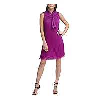 DKNY Womens Purple Stretch Pleated Metallic Unlined Sleeveless Tie Neck Short Evening Shift Dress 2