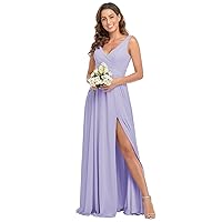 Rjer V Neck Chiffon Bridesmaid Dresses with Slit Prom Dress Long A Line Pleated Formal Dresses for Women