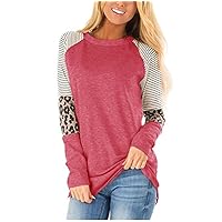 LALUNE Women's T Shirts Leopard Print Color Block Tunic Round Neck Long Sleeve Loose Pullovers Blouses Tops