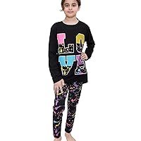 Girls Top Kids Love Print Contrast T Shirt Tops & Splash Legging - Love Set 339 Black 7-8
