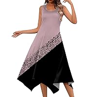 Petite Dresses for Women Casual Round Neck Sleeveless Print Irregular Hem Midi Dress